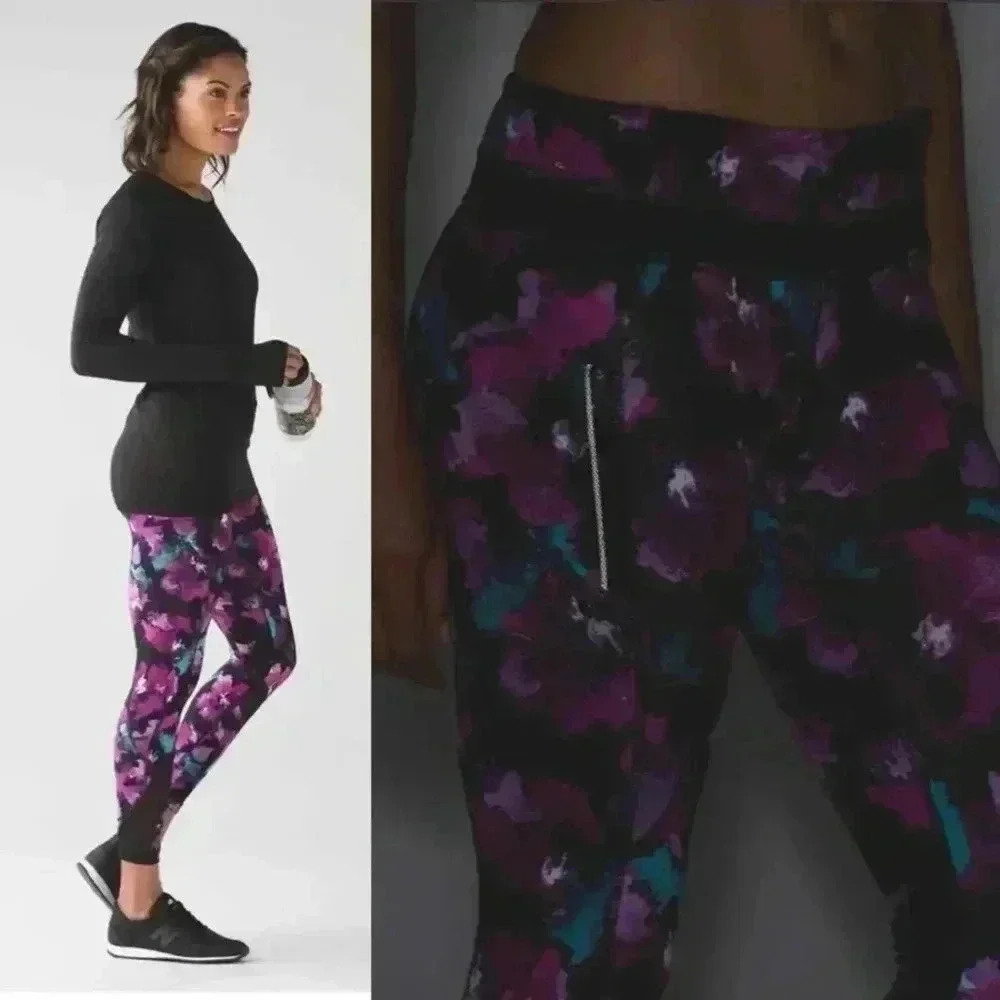 Lululemon Inspire Tight II Leggings in Midnight Bloom Black Deep Fuschia / Black